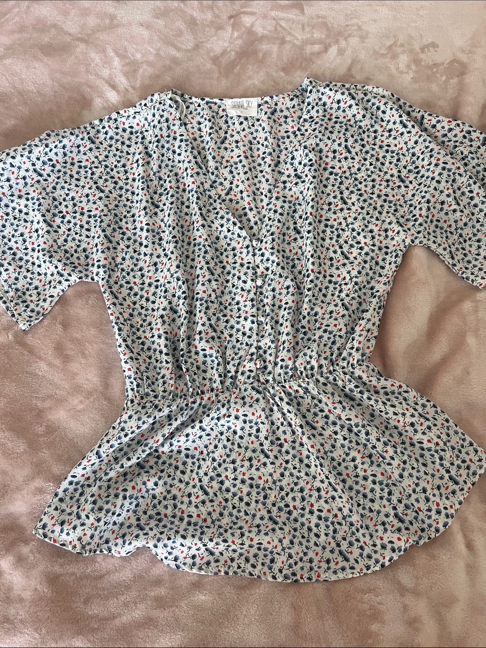 Sienna Sky White Floral V-Neck Cinch Waist Blouse with Navy & Red Accents
